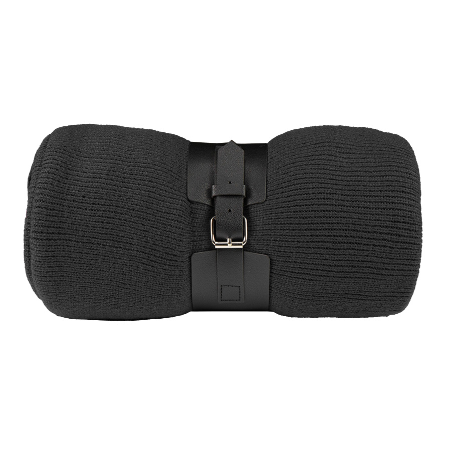 Плед "Belt"; белый; 130 х 180 см; 100% акрил, с ремнем, черный